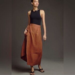 Anthropologie 100% Linen Midi Skirt (Size 8) Cedar Brown Pleated A-line Wrap